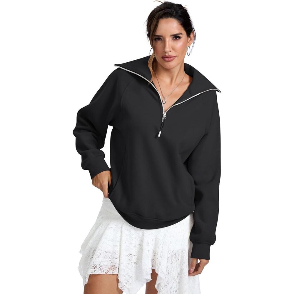 Women's Fleece Lined Zip Pocket Long Sleeve Sweatshirts Hoodies Tops Black - Picture 2 of 7